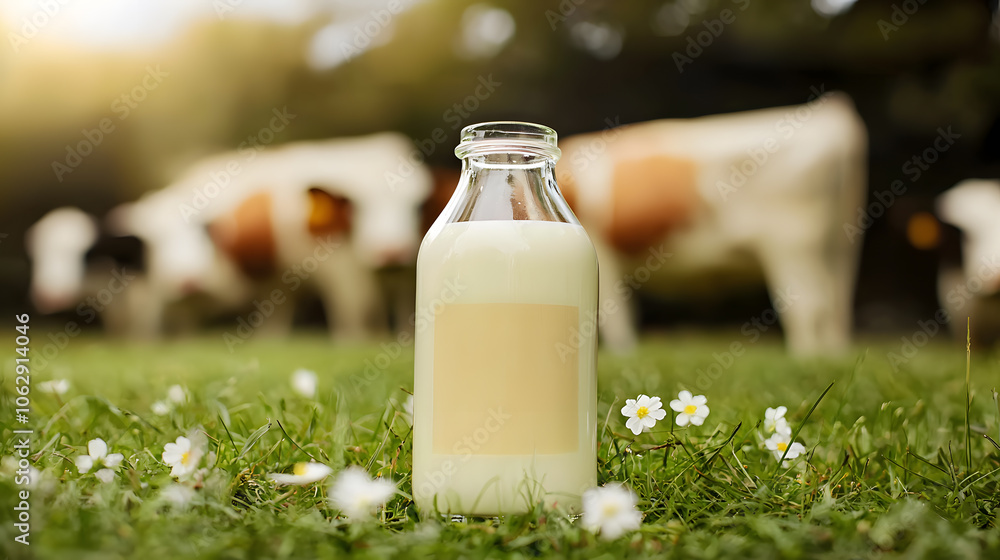 Fresh milk bottle with cows in the background Fresh milk bottle with cows in the background
