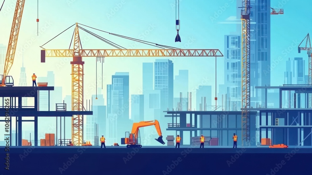 A dynamic scene at a construction site with multiple cranes