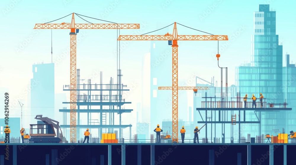 A dynamic scene at a construction site with multiple cranes A dynamic scene at a construction site with multiple cranes