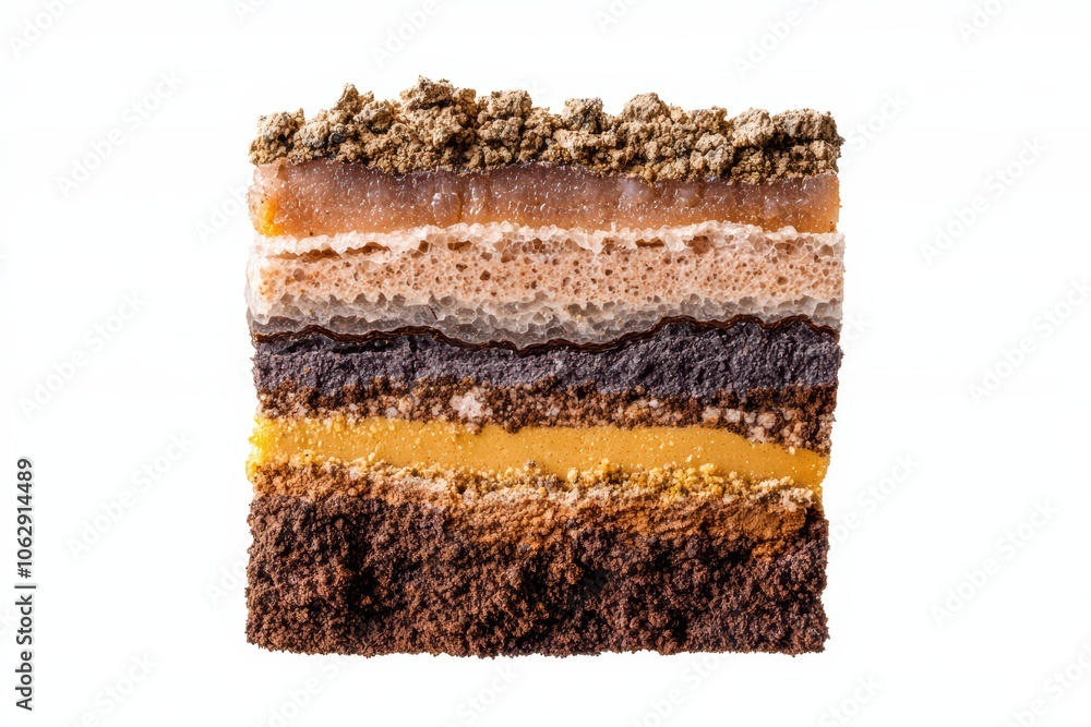 Layered dessert with distinct textures and colors on a white isolate background. Layered dessert with distinct textures and colors on a white isolate background.