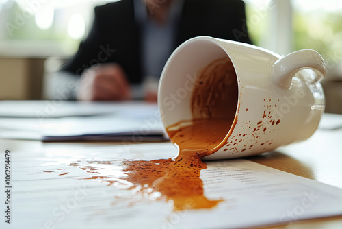 A coffee cup spilling over onto important work documents, with a stressed employee in the background photo