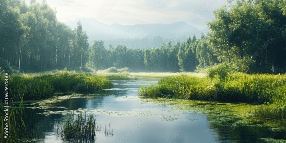 Fototapeta premium Wetlands environments include diverse landscapes such as prairies, marshes, rivers, and lakes, all of which contribute to unique ecological systems and habitats.
