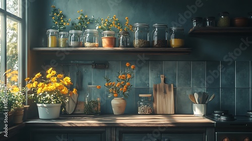 Moody dark kitchen corner with soft, warm under-shelf lighting, ceramic jars, and rich wooden elements, creating a cozy, minimalist space with subtle textures. --ar 16:9