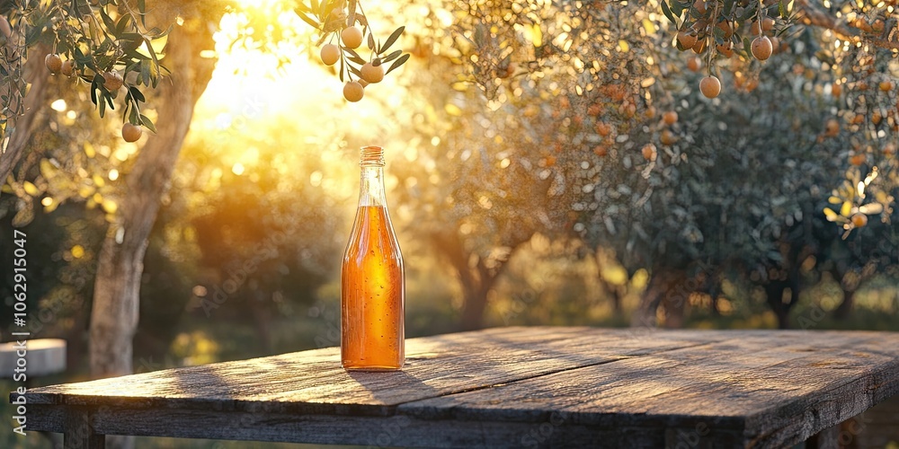 Fototapeta premium A bottle of juice is placed next to a wooden table, basking in sunlight, while olive trees surround the scene, creating a warm atmosphere.