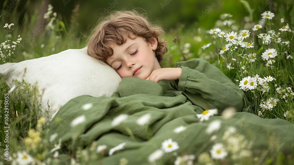 A young boy sleeps soundly in a field of white daisies, surrounded by lush green grass and a white pillow. A young boy sleeps soundly in a field of white daisies, surrounded by lush green grass and a white pillow.
