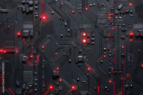 A detailed close-up of a black circuit board with red LED lights glowing in various spots creating a futuristic feel
