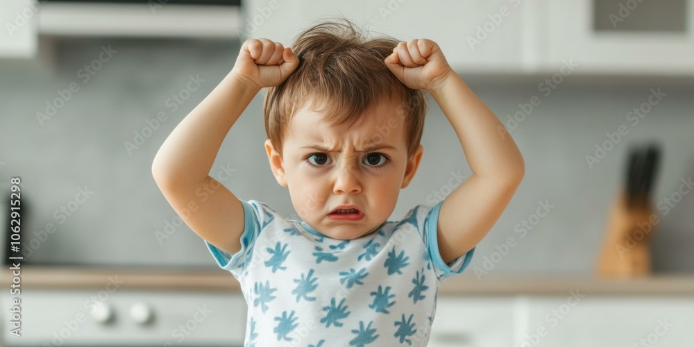 A toddler with a determined expression. AI.