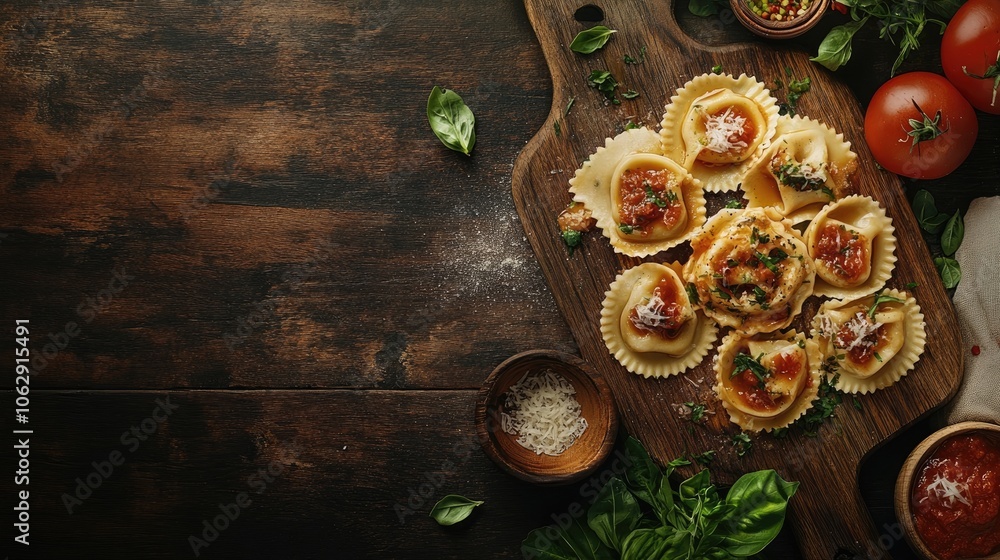 Italian ravioli with delicious filling arranged on a wooden board, perfect for highlighting the essence of Italian cuisine. Ideal photo for menu creation with ample copy space. Italian ravioli with delicious filling arranged on a wooden board, perfect for highlighting the essence of Italian cuisine. Ideal photo for menu creation with ample copy space.