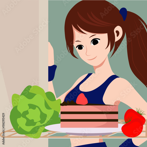 A female athlete looks into the refrigerator, where there is a plate of cake and tomato salad. She smiles. View from inside the refrigerator.