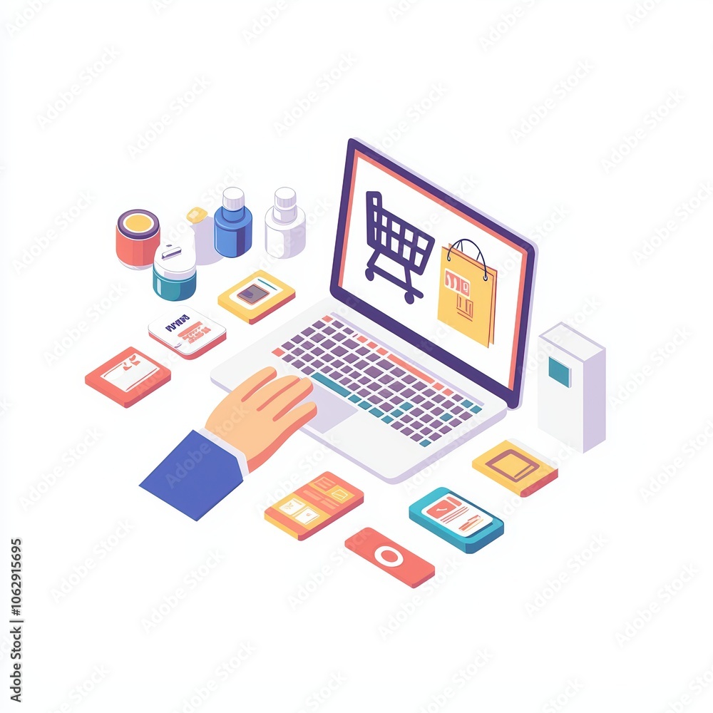 Person using laptop for online shopping with various products surrounding it. Person using laptop for online shopping with various products surrounding it.