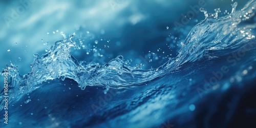 A burst of water splashes against a blue backdrop, creating liquid waves accompanied by tiny particles. The dynamic scene captures the essence of water in motion.