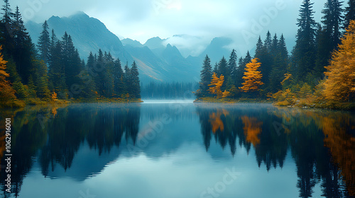 Calm Lake with Perfect Reflections of Surrounding Mountains and Trees 