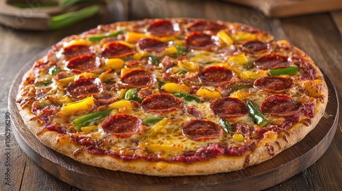 A freshly baked pizza straight from the oven, topped with gooey