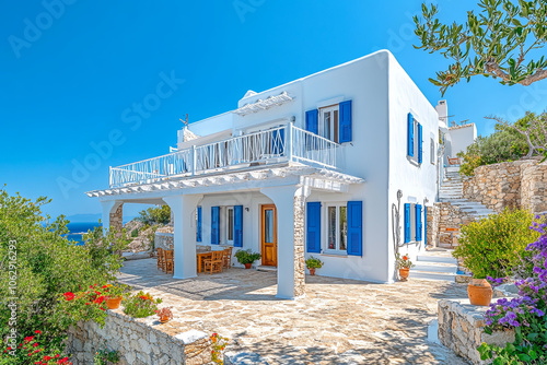 A coastal house in the Greek islands, with white walls and blue shutters, perched above the sea photo