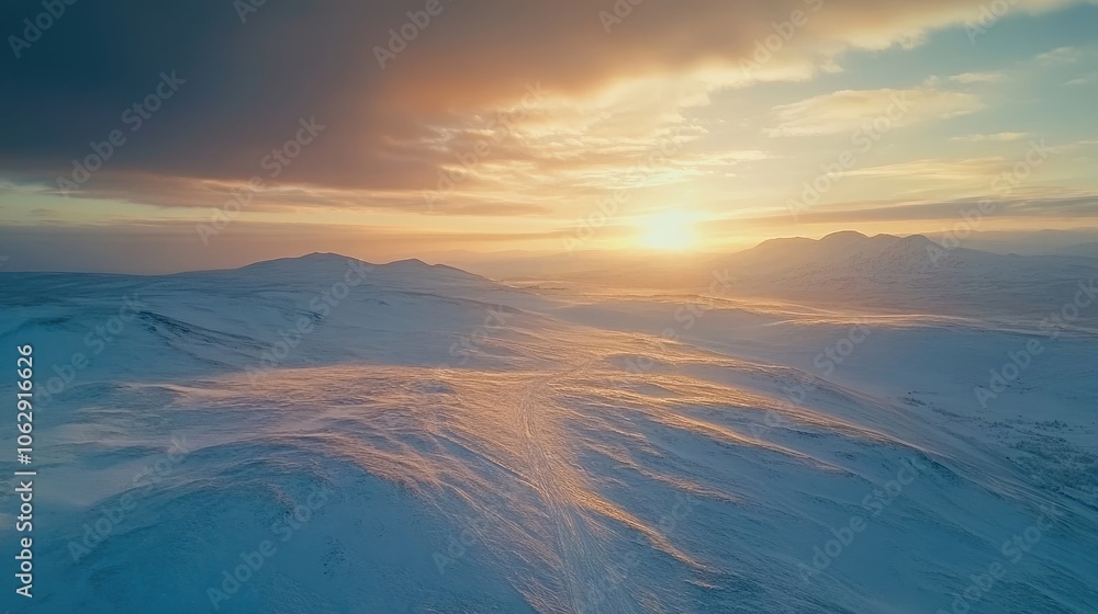 Aerial photo capturing a vast winter landscape at sunset, illustrating expansive snowy terrain with dramatic sky hues. Perfect for any winter-themed project, with ample copy space. Aerial photo capturing a vast winter landscape at sunset, illustrating expansive snowy terrain with dramatic sky hues. Perfect for any winter-themed project, with ample copy space.