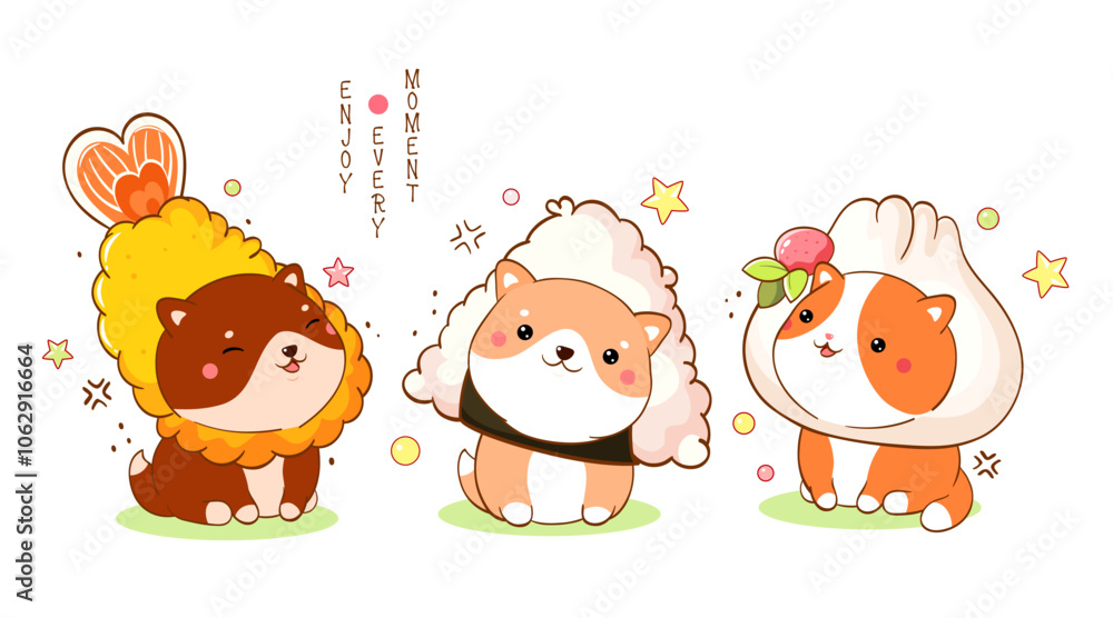 Naklejka premium Kawaii Shiba inu and cat. Cute akita inu puppy and kitty playing with sushi, tempura, dango and dumpling costumes. Can be used for t-shirt print, sticker, greeting card, menu design. Vector EPS8