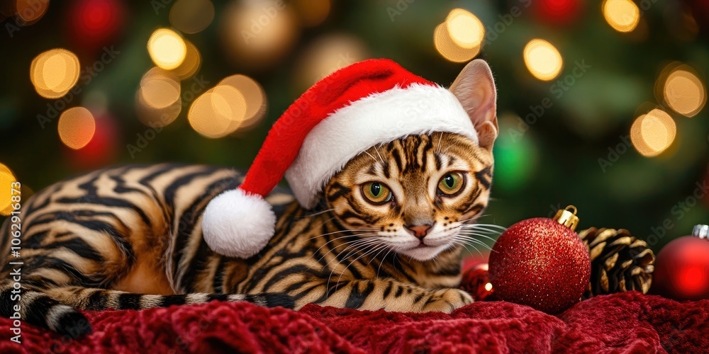 A Bengal Cat Dressed in a Santa Hat for the Festive Christmas Celebration is the perfect way to showcase holiday spirit and joy during the Christmas season. A Bengal Cat Dressed in a Santa Hat for the Festive Christmas Celebration is the perfect way to showcase holiday spirit and joy during the Christmas season.