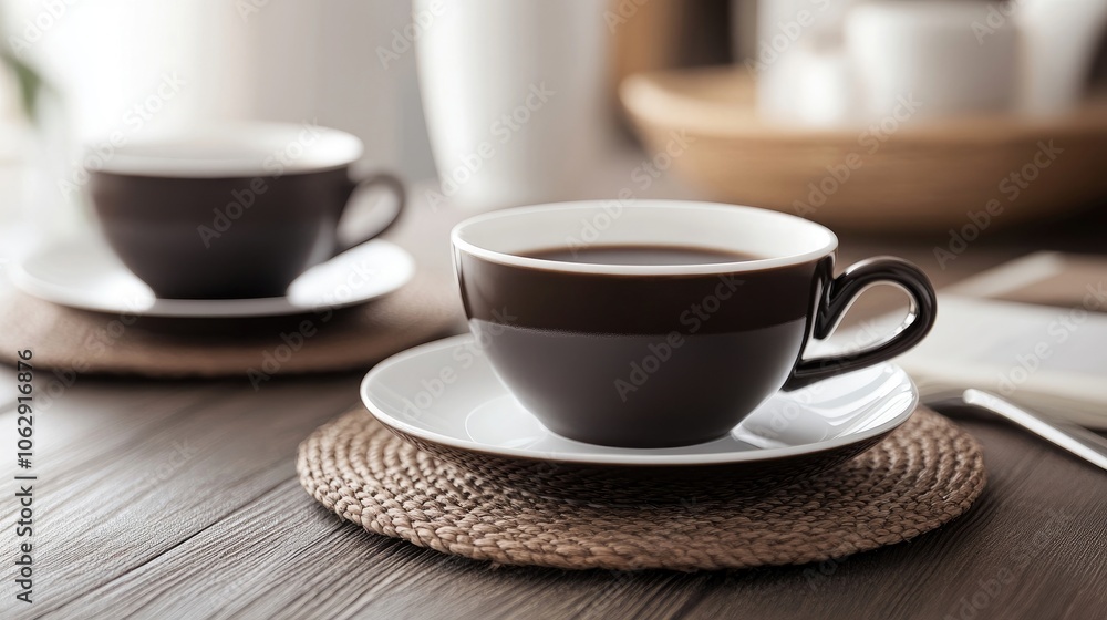 Coffee elegantly presented in dark brown and white cups, perfect for any setting. This coffee setup invites warmth and relaxation with ample copy space for your creative needs. Coffee elegantly presented in dark brown and white cups, perfect for any setting. This coffee setup invites warmth and relaxation with ample copy space for your creative needs.
