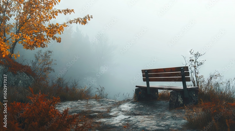 Obraz premium A tranquil autumn scene captures a wooden bench nestled in a fog-covered mountain landscape, embodying the serene essence of autumn, with ample copy space for text.