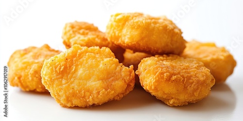 Crispy fried chicken nuggets are presented alone against a white backdrop. These delicious chicken nuggets have a crispy exterior and are perfect for any meal.