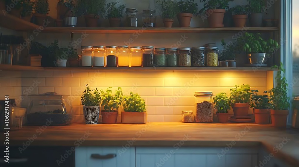 Scandinavian-inspired kitchen corner with natural wood floating shelves, warm hidden lighting illuminating glass jars and vibrant potted plants, creating an airy and inviting feel. --ar 16:9 Scandinavian-inspired kitchen corner with natural wood floating shelves, warm hidden lighting illuminating glass jars and vibrant potted plants, creating an airy and inviting feel. --ar 16:9