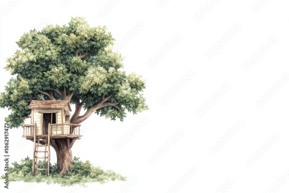 Fototapeta premium Treehouse nestled in a lush tree, perfect for adventure and imagination, white isolated background.
