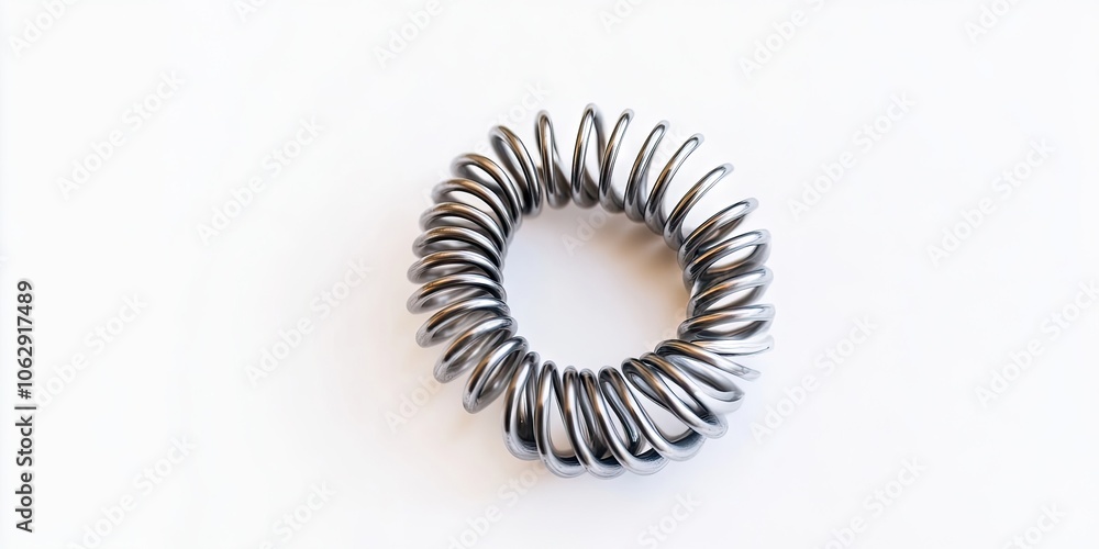 A coil spring is placed against a completely white backdrop, showcasing the springs design against the simplicity of the solid white background. A coil spring is placed against a completely white backdrop, showcasing the springs design against the simplicity of the solid white background.