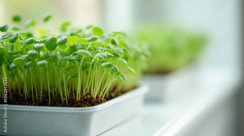 Close-up of green basil microgreens growing in a white container. Indoor gardening concept Close-up of green basil microgreens growing in a white container. Indoor gardening concept
