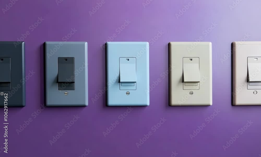 Modern light switches on a wall in various colors and designs Modern light switches on a wall in various colors and designs