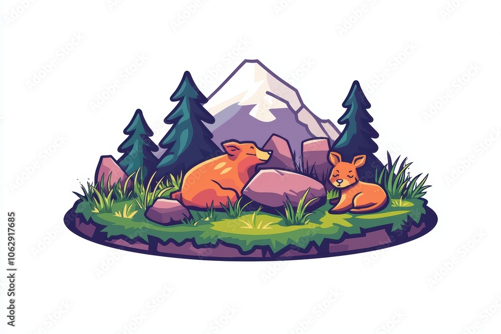 Two playful foxes resting on a grassy landscape with rocks and mountains in the background. Two playful foxes resting on a grassy landscape with rocks and mountains in the background.