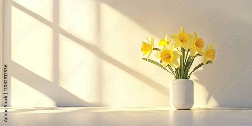 A spring themed home decor setting showcases joyful yellow daffodils elegantly arranged in a vase. The environment feels bright, sunny, and minimalist, offering plenty of copyspace. A spring themed home decor setting showcases joyful yellow daffodils elegantly arranged in a vase. The environment feels bright, sunny, and minimalist, offering plenty of copyspace.