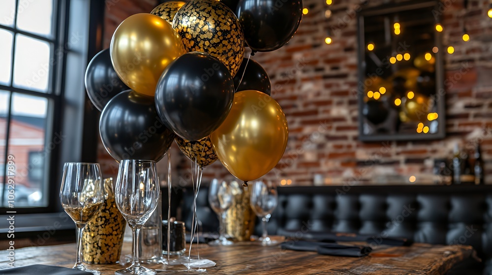 A celebratory table setting with gold and black balloons, wine glasses, and confetti. A celebratory table setting with gold and black balloons, wine glasses, and confetti.
