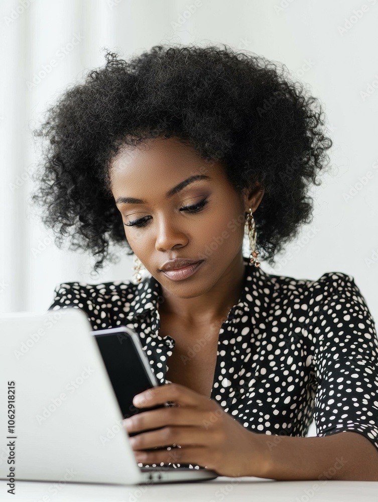 A woman checks her phone while working on her laptop. AI. A woman checks her phone while working on her laptop. AI.