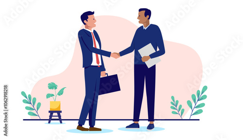 Business deal handshake - Two diverse businesspeople men, negotiating, shaking hands and being friendly over agreement and cooperation in office work setting. Flat design stock illustration