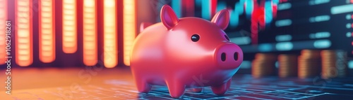 A vibrant piggy bank sits in front of financial charts, symbolizing savings and investment in a modern economic environment.