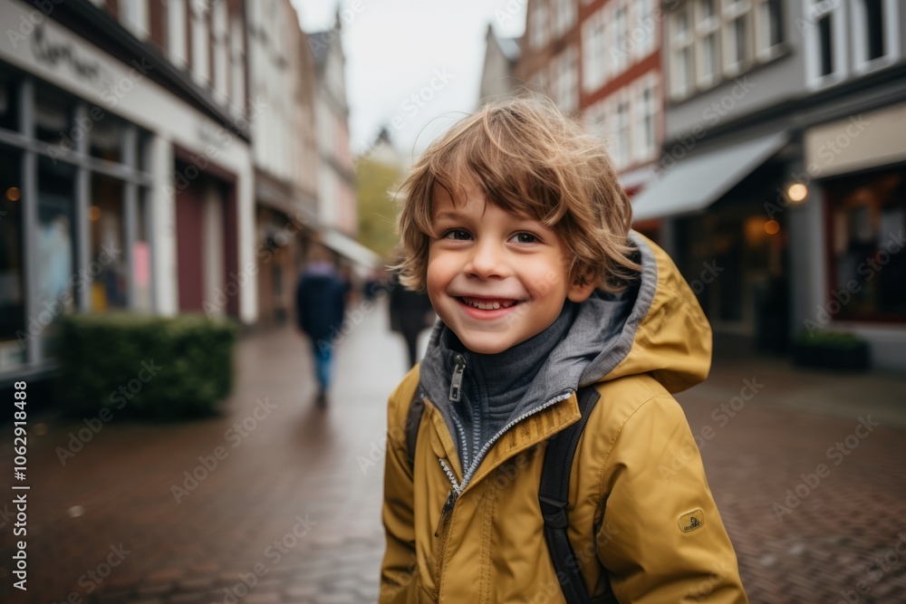 Portrait of a smiling little boy in a yellow jacket on the street. Portrait of a smiling little boy in a yellow jacket on the street.