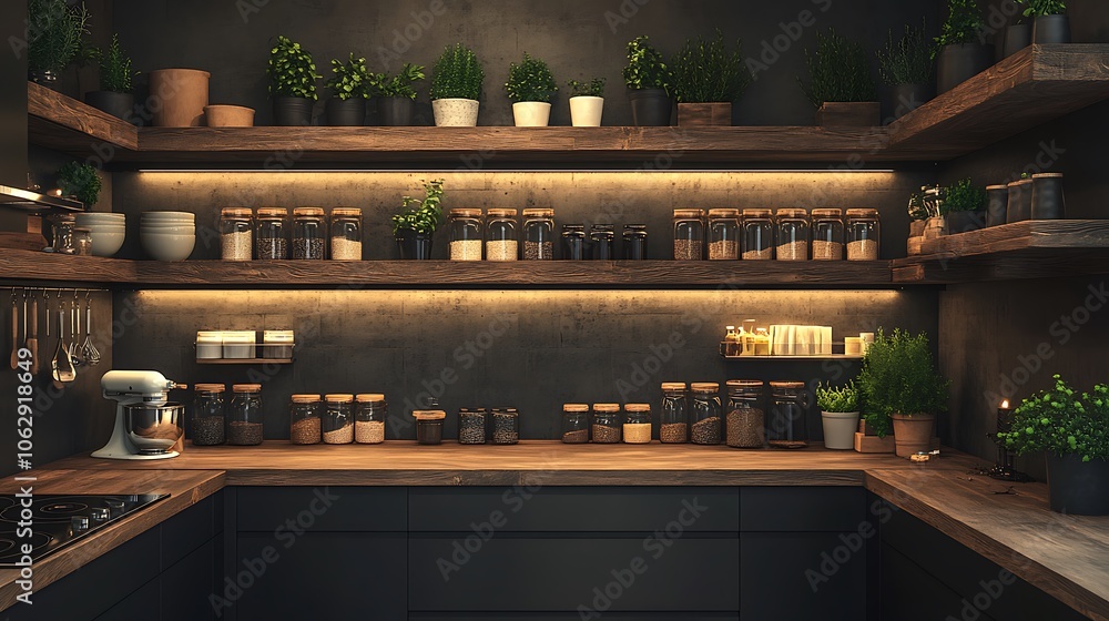 Sleek dark-themed kitchen nook with warm lighting under floating shelves, organized ceramic jars, wooden accents, and a touch of greenery for a modern yet inviting setup. --ar 16:9 Sleek dark-themed kitchen nook with warm lighting under floating shelves, organized ceramic jars, wooden accents, and a touch of greenery for a modern yet inviting setup. --ar 16:9