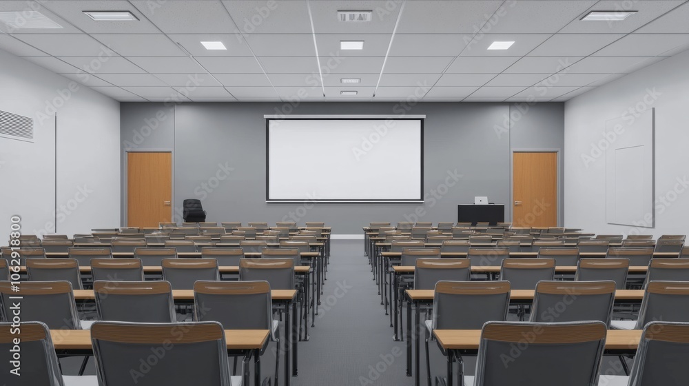 A spacious lecture hall featuring an empty whiteboard, with rows of empty chairs facing it A spacious lecture hall featuring an empty whiteboard, with rows of empty chairs facing it