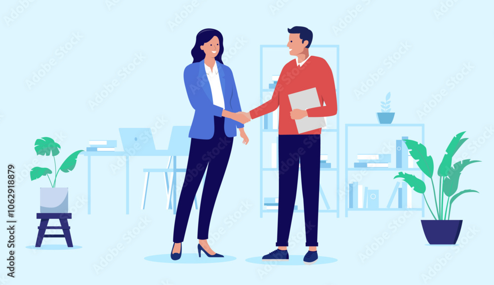 Fototapeta premium Deal and agreement handshake - Two professional business people, man and woman shaking hands in office work setting while smiling and being friendly. Flat design vector stock illustration