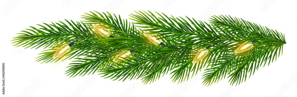 Christmas border of realistic fir tree branches with electric garland. Spruce branches with garland of yellow light bulbs for Christmas, New Year greeting cards, banners Christmas border of realistic fir tree branches with electric garland. Spruce branches with garland of yellow light bulbs for Christmas, New Year greeting cards, banners