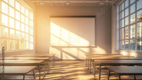 A spacious room featuring a large empty whiteboard, sunlight streaming through the windows, creating a bright atmosphere