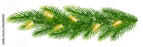 Christmas border of realistic fir tree branches with electric garland. Spruce branches with garland of yellow light bulbs for Christmas, New Year greeting cards, banners