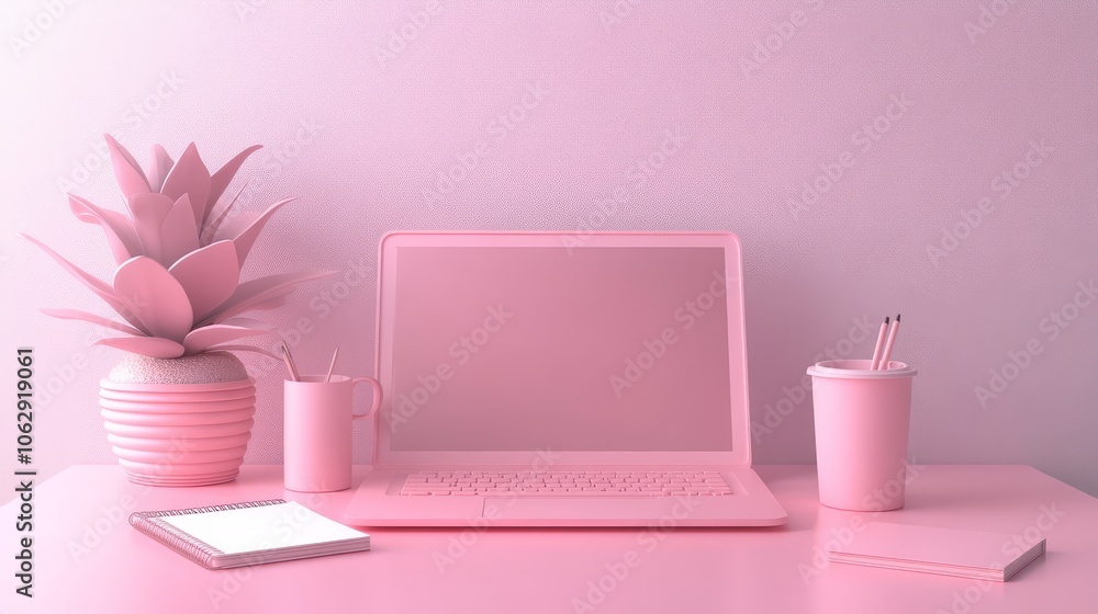 Stylish Pastel Home Office Setup with 3D Elements Stylish Pastel Home Office Setup with 3D Elements