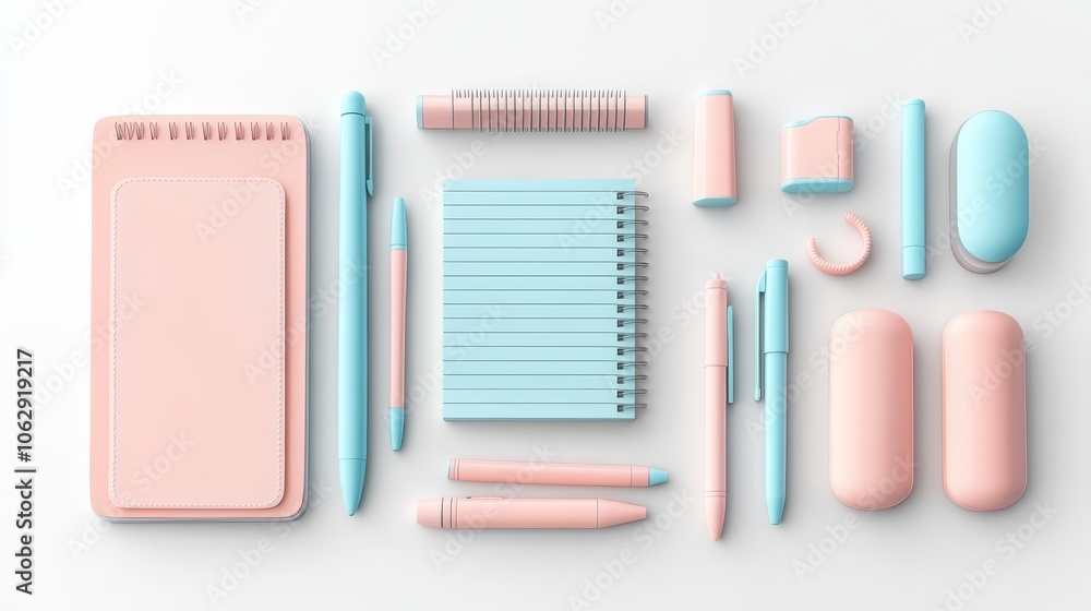 Soft Pastel 3D Stationery Set on White Background Soft Pastel 3D Stationery Set on White Background