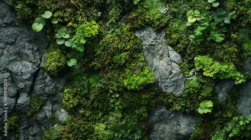 A close-up image of a rock wall covered in a lush variety of green mosses and ferns. A close-up image of a rock wall covered in a lush variety of green mosses and ferns.