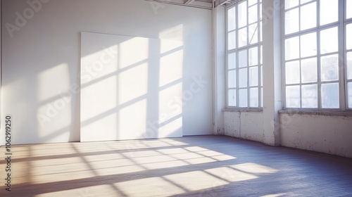 A spacious room with an empty whiteboard, bright sunlight pouring in from large windows, casting soft shadows