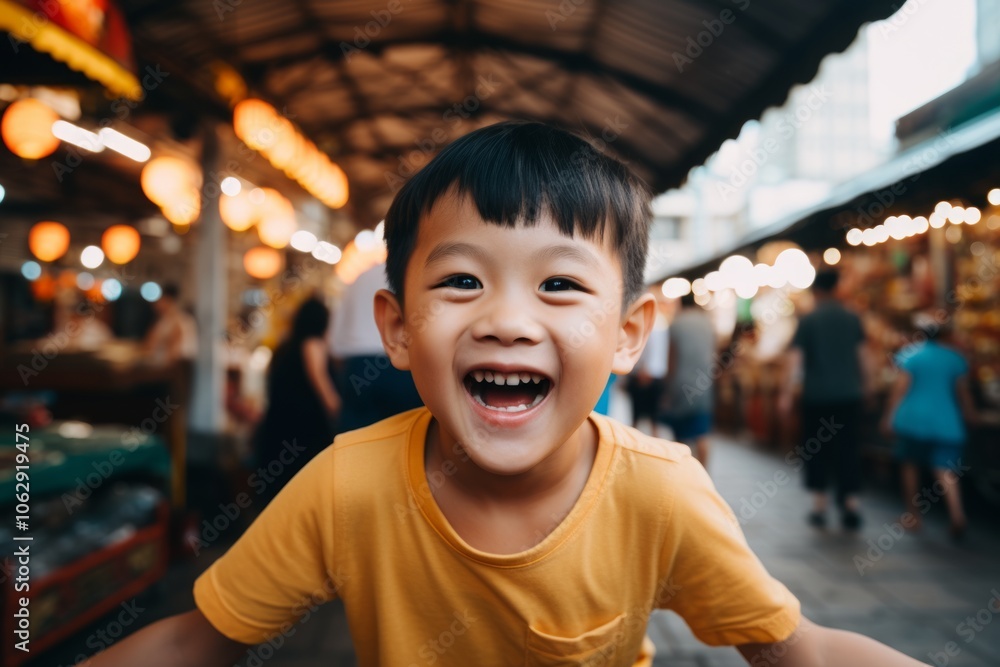 Portrait of happy asian little boy laughing and looking at camera in the street market Portrait of happy asian little boy laughing and looking at camera in the street market