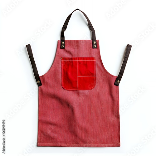 Red striped apron with a brown leather strap and a red patch pocket.