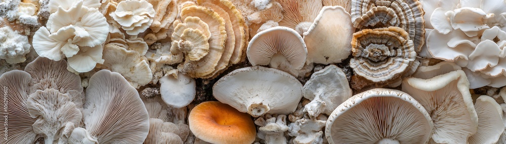A Close-Up View of a Variety of Mushrooms with White and Brown Caps A Close-Up View of a Variety of Mushrooms with White and Brown Caps