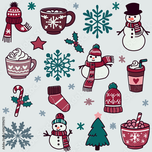 A collection of icons with a winter theme including snowflakes, snowmen and cups of hot chocolate, a Christmas tree and a Christmas lollipop